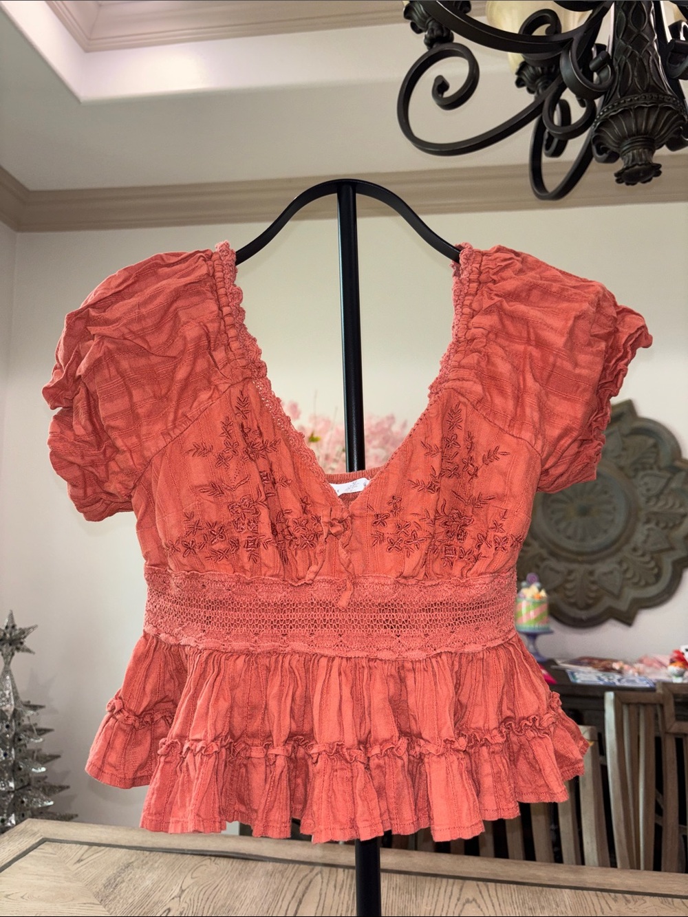 Altar'd State Coral Ruffle Peplum Blouse